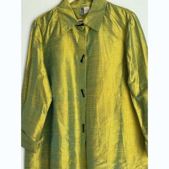 Anu Women Silk Chartreuse Blazer Jacket Large 3/4 Sleeve Luxe Statement Chic - Picture 4 of 8